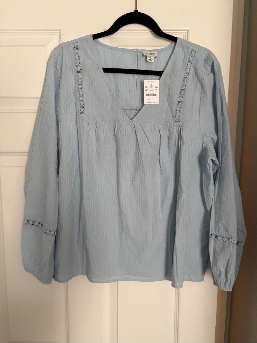 J. Crew Coastal Grandma Light Blue Cotton Lace Inset Peasant Long Sleeve Blouse - Picture 5 of 13